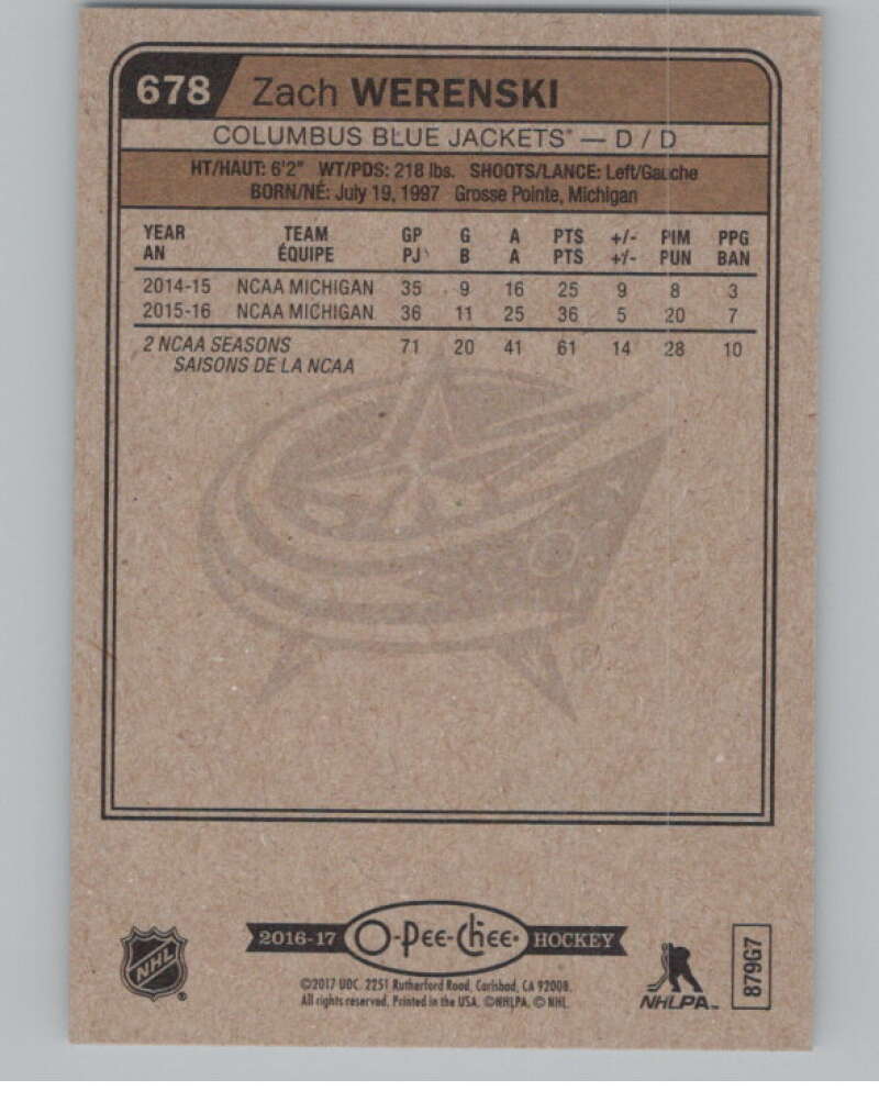 2016-17 O-Pee-Chee #678B Zach Werenski  RC Rookie Jackets  V100931 Image 2
