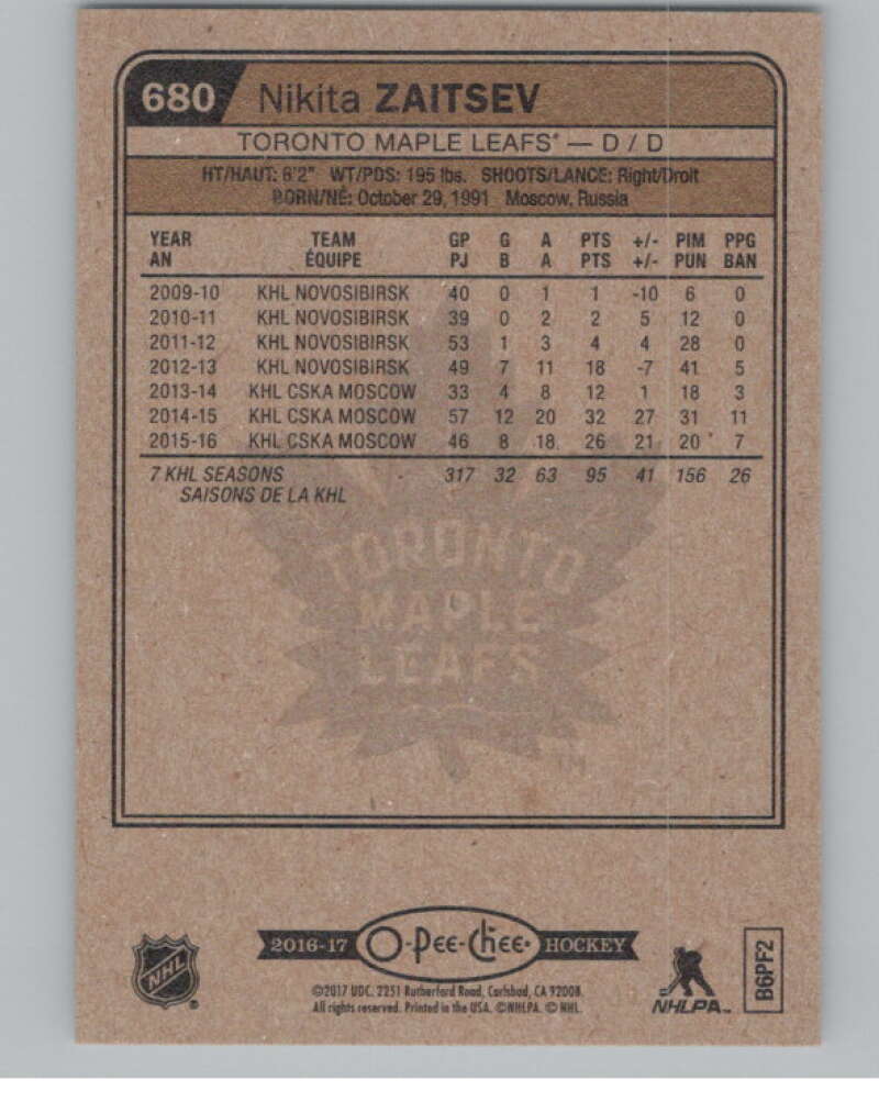 2016-17 O-Pee-Chee #680 Nikita Zaitsev  RC Rookie Toronto Maple Leafs  V100933 Image 2