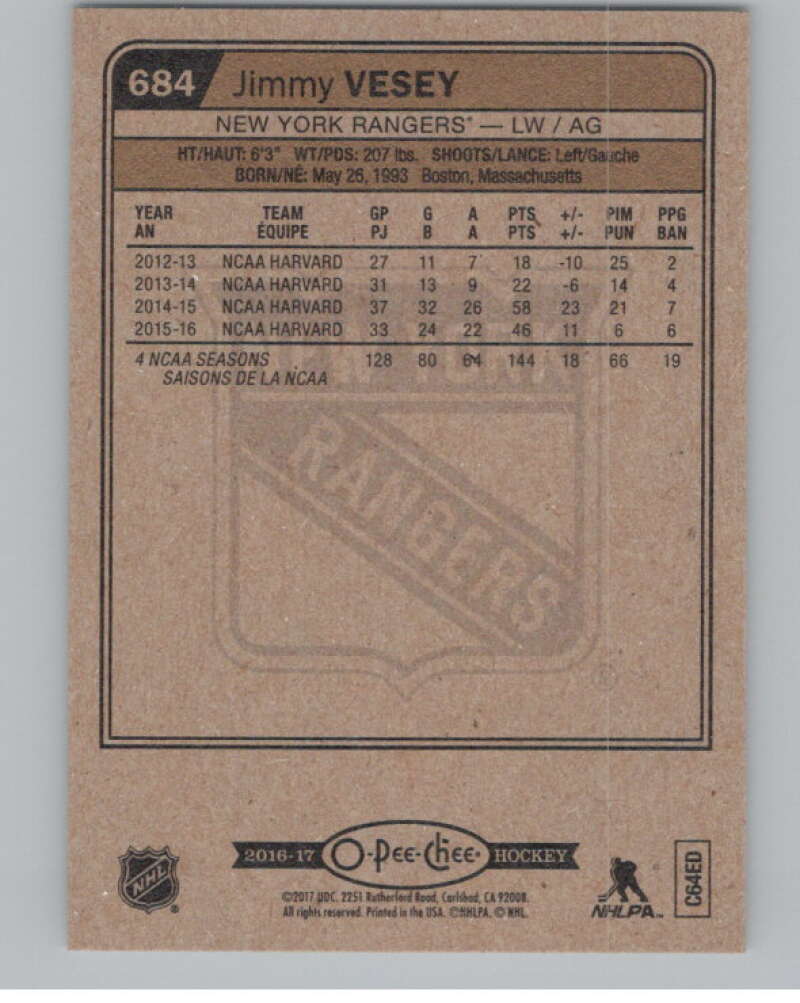 2016-17 O-Pee-Chee #684 Jimmy Vesey  RC Rookie New York Rangers  V100936 Image 2