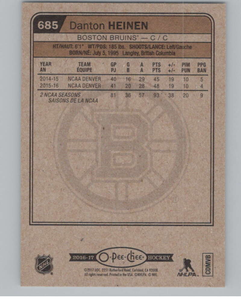 2016-17 O-Pee-Chee #685 Danton Heinen  RC Rookie Boston Bruins  V100937 Image 2