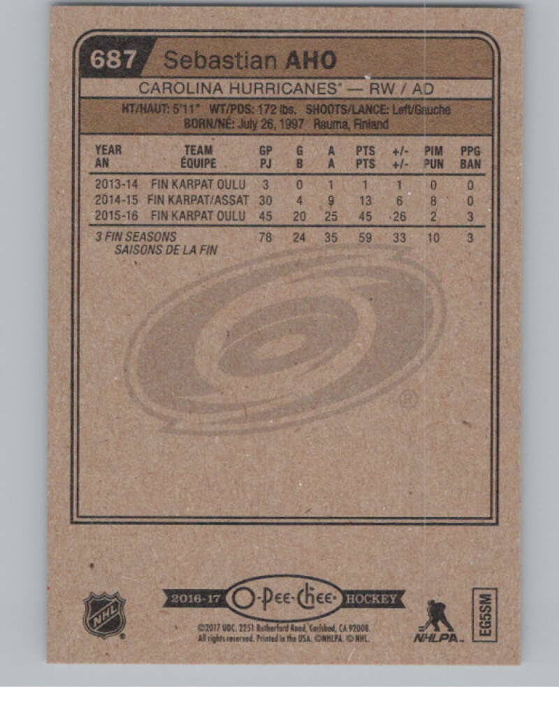 2016-17 O-Pee-Chee #687 Sebastian Aho  RC Rookie Carolina Hurricanes  V100939 Image 2