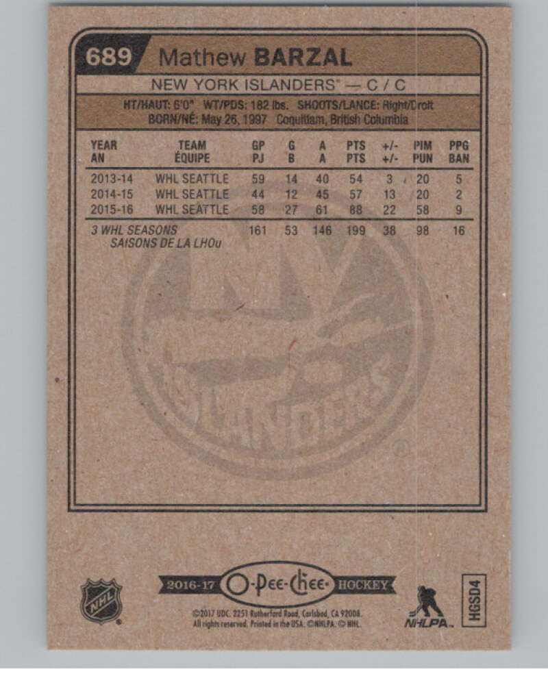 2016-17 O-Pee-Chee #689 Mathew Barzal  RC Rookie New York Islanders  V100940 Image 2