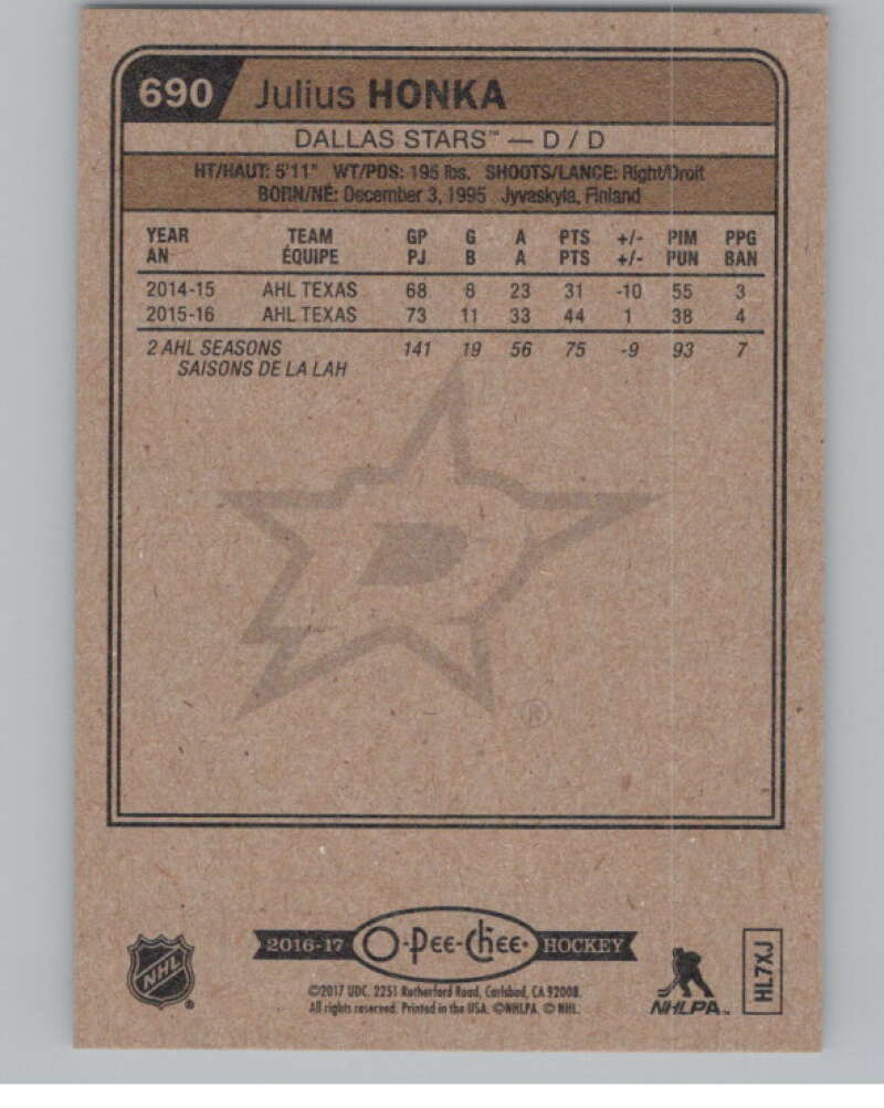 2016-17 O-Pee-Chee #690 Julius Honka  RC Rookie Dallas Stars  V100942 Image 2
