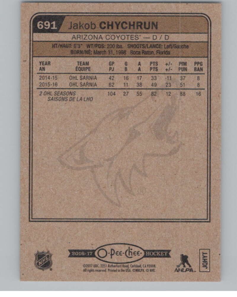 2016-17 O-Pee-Chee #691 Jakob Chychrun  RC Rookie Arizona Coyotes  V100943 Image 2