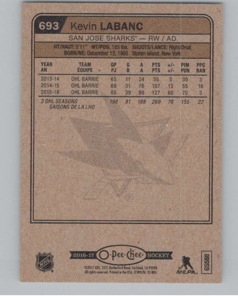 2016-17 O-Pee-Chee #693 Kevin Labanc  RC Rookie San Jose Sharks  V100945 Image 2