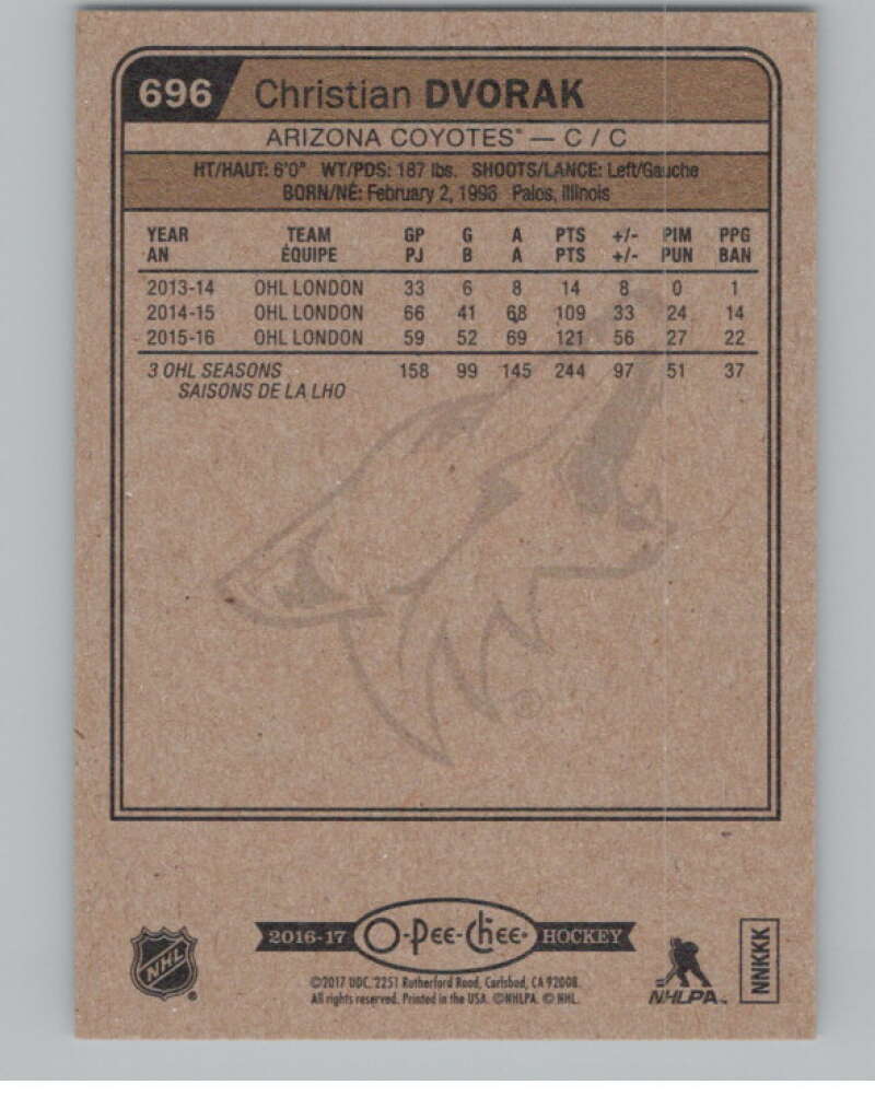 2016-17 O-Pee-Chee #696 Christian Dvorak  RC Rookie Arizona Coyotes  V100947 Image 2