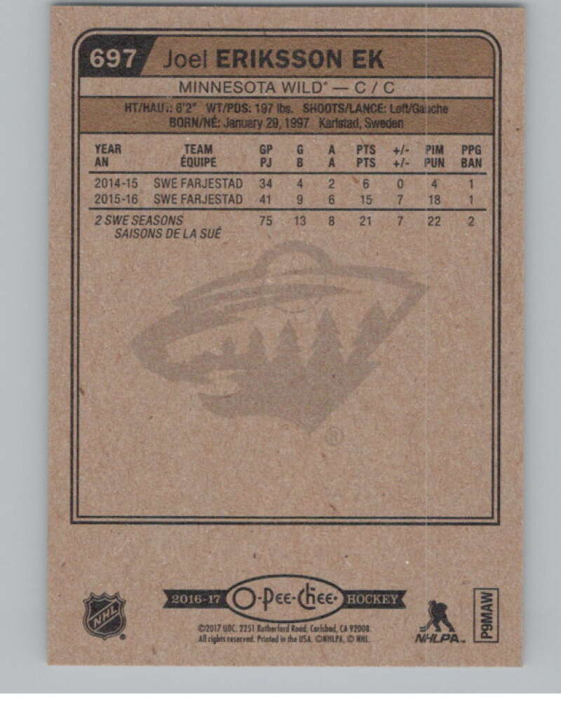 2016-17 O-Pee-Chee #697 Joel Eriksson Ek  RC Rookie Minnesota Wild  V100948 Image 2