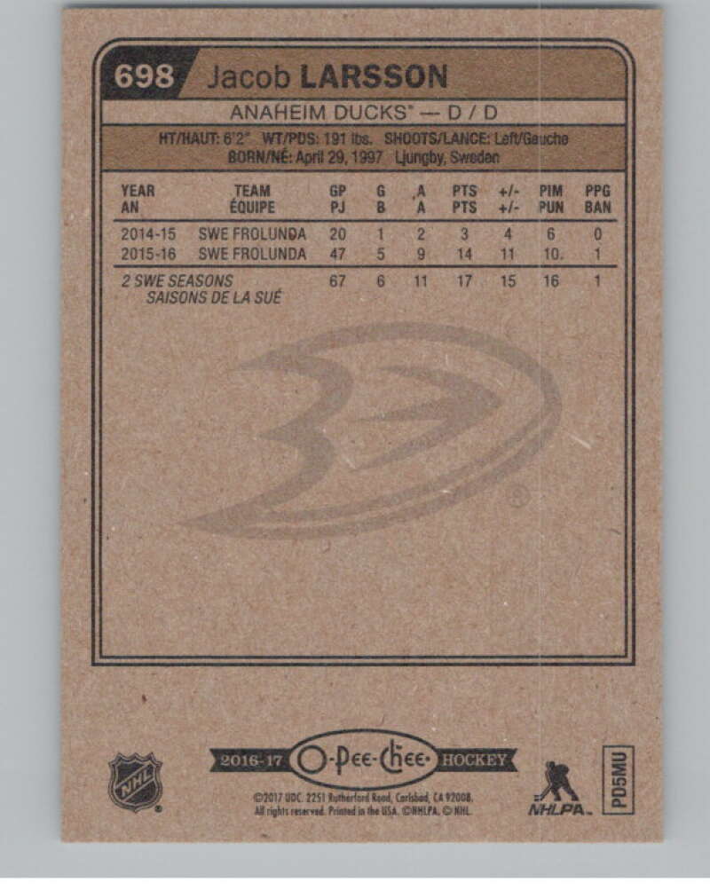 2016-17 O-Pee-Chee #698 Jacob Larsson  RC Rookie Anaheim Ducks  V100949 Image 2