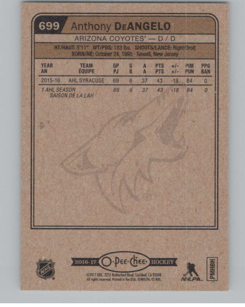 2016-17 O-Pee-Chee #699 Anthony DeAngelo  RC Rookie Arizona Coyotes  V100950 Image 2