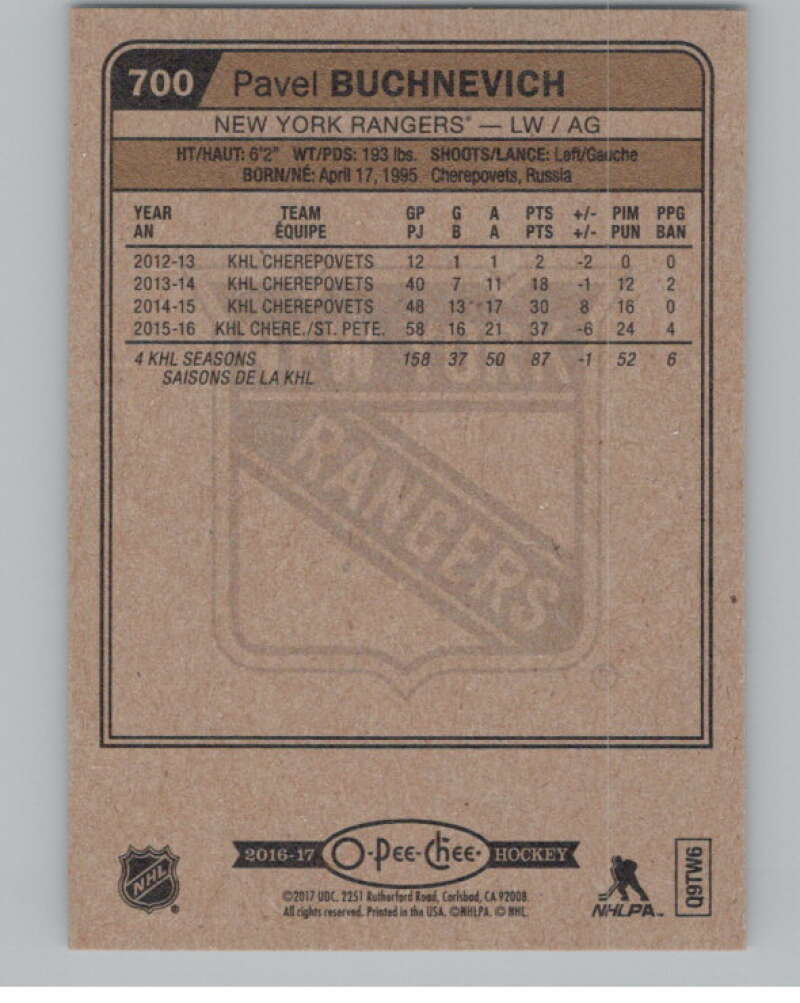2016-17 O-Pee-Chee #700 Pavel Buchnevich  RC Rookie Rangers  V100951 Image 2