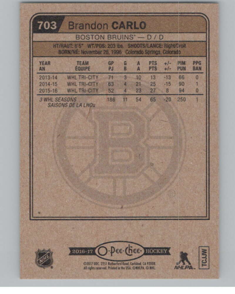2016-17 O-Pee-Chee #703 Brandon Carlo  RC Rookie Boston Bruins  V100954 Image 2
