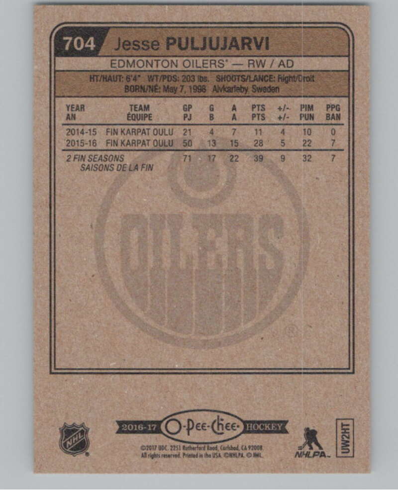 2016-17 O-Pee-Chee #704 Jesse Puljujarvi  RC Rookie Edmonton Oilers  V100955 Image 2