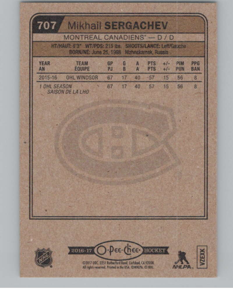 2016-17 O-Pee-Chee #707 Mikhail Sergachev  RC Rookie Canadiens  V100958 Image 2