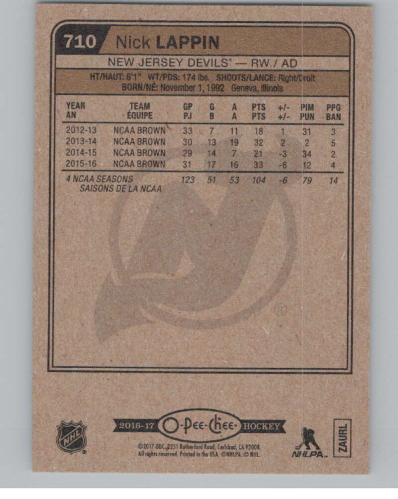 2016-17 O-Pee-Chee #710 Nick Lappin  RC Rookie New Jersey Devils  V100961 Image 2