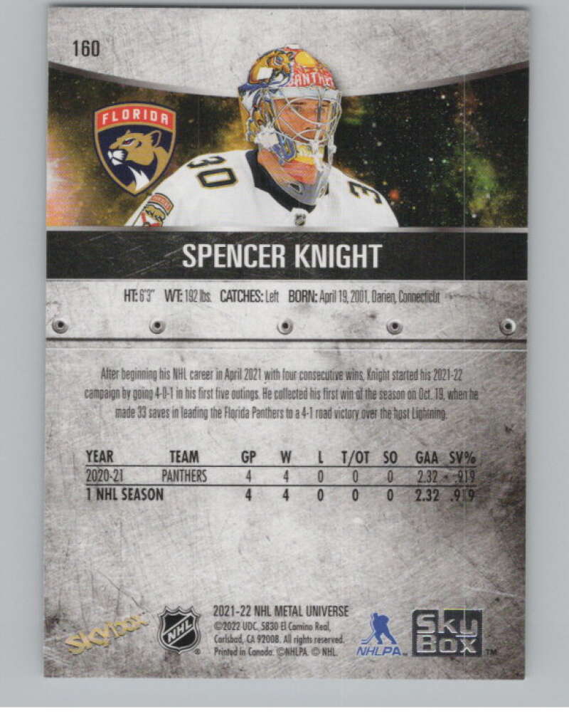 2021-22 Skybox Metal Universe #160 Spencer Knight  RC Rookie Panthers  V100968 Image 2