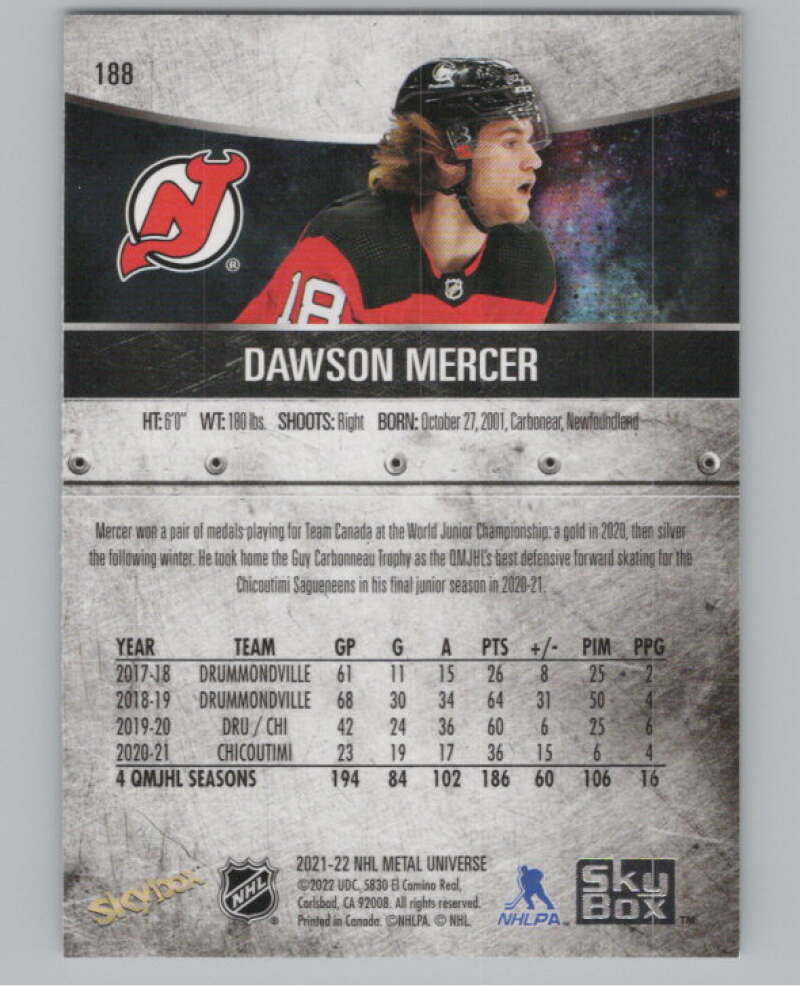 2021-22 Skybox Metal Universe #188 Dawson Mercer  RC Rookie Devils  V100970 Image 2