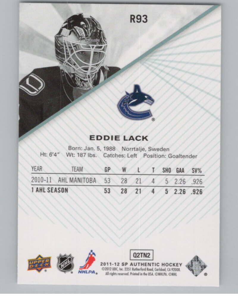 2011-12 Upper Deck SP Authentic Rookie Extended #R93 Eddie Lack  V100973 Image 2