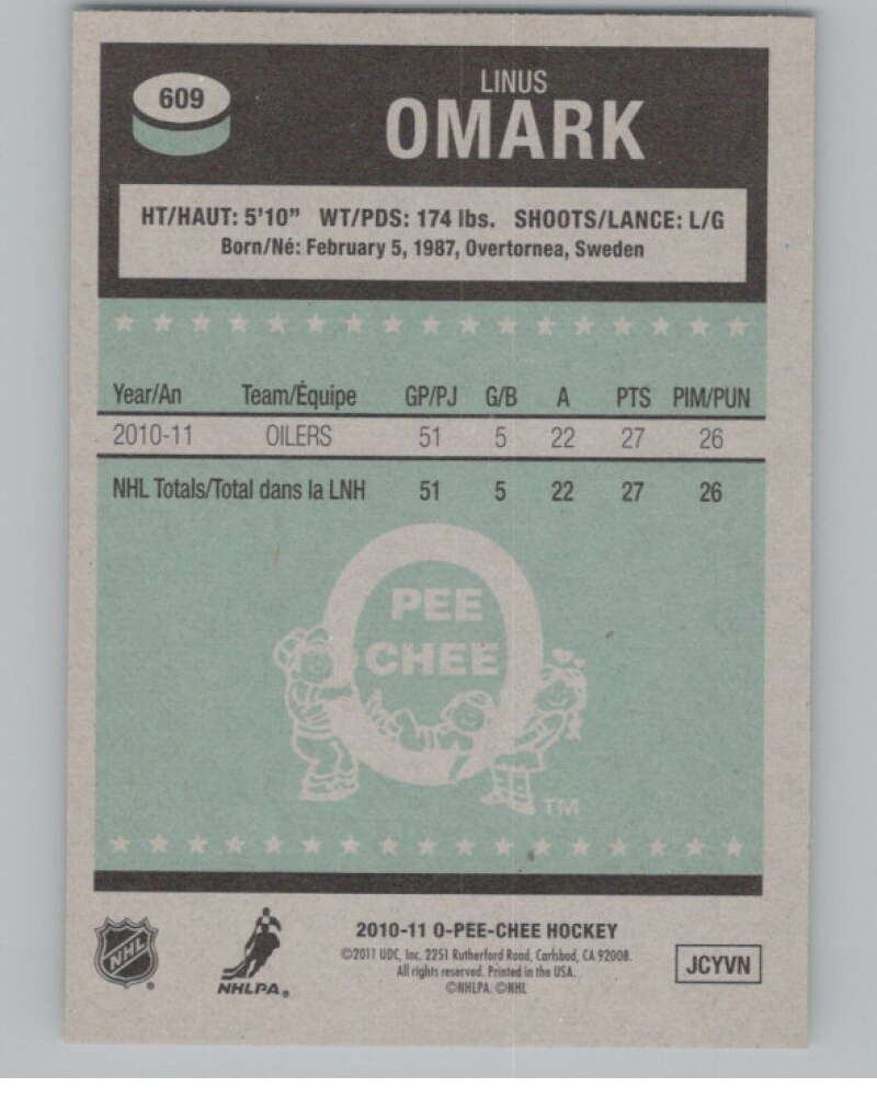2010-11 Upper Deck O-Pee-Chee Retro #609 Linus Omark   V100974 Image 2