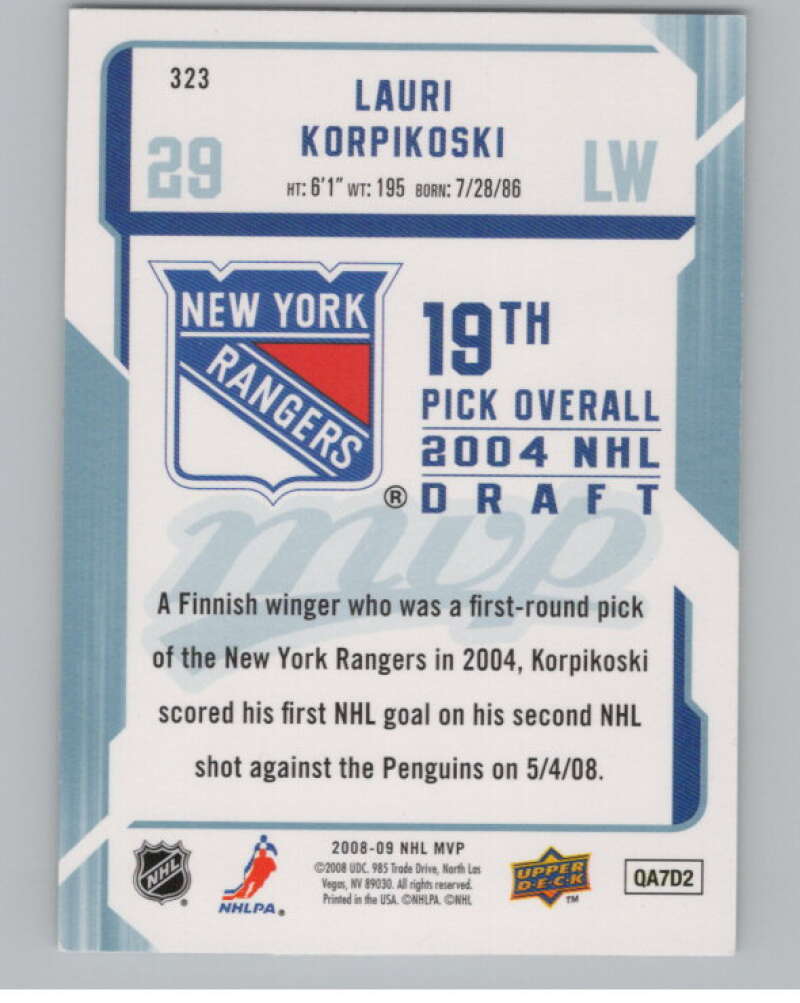2008-09 Upper Deck MVP #323 Lauri Korpikoski RC Rookie Rangers  V100982 Image 2