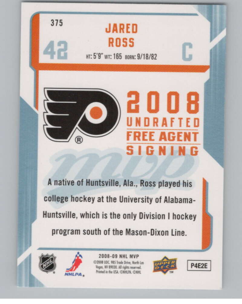 2008-09 Upper Deck MVP #375 Jared Ross  RC Rookie Philadelphia Flyers  V100984 Image 2