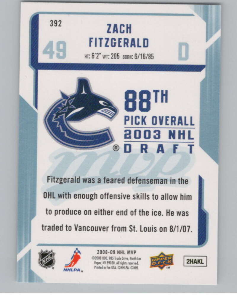 2008-09 Upper Deck MVP #392 Zach Fitzgerald  RC Rookie Vancouver Canucks  V100987 Image 2