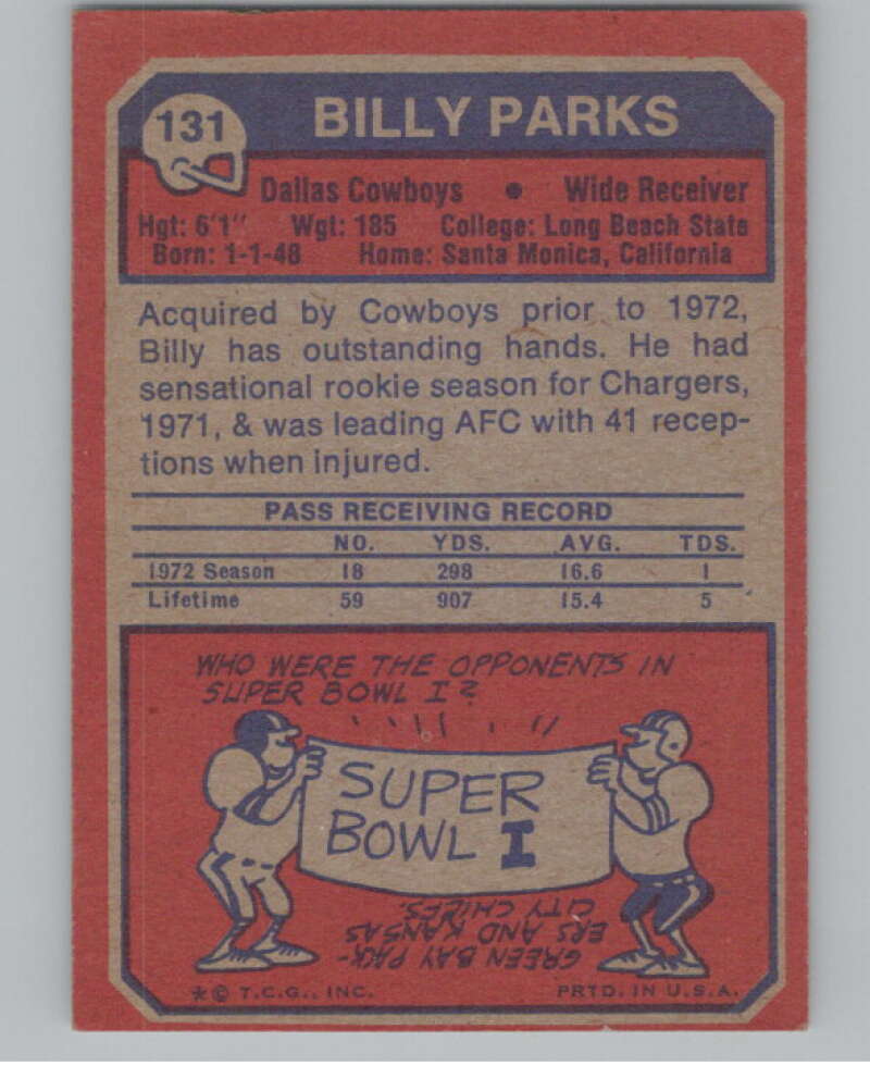 1973 Topps #131 Billy Parks  RC Rookie Dallas Cowboys  100990 Image 2
