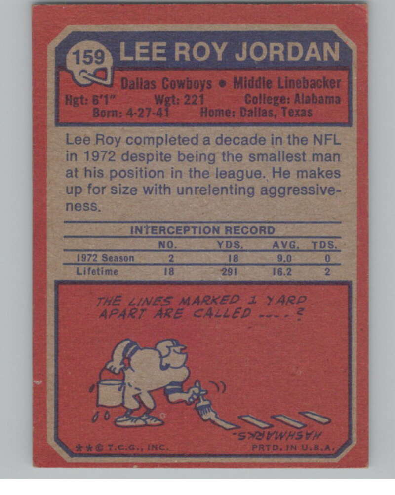 1973 Topps #159 Lee Roy Jordan  Dallas Cowboys  100991 Image 2