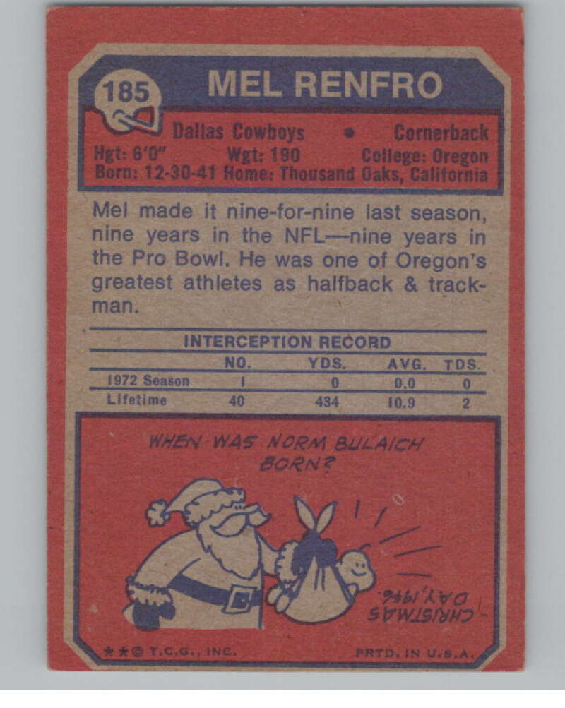 1973 Topps #185 Mel Renfro  Dallas Cowboys  100992 Image 2