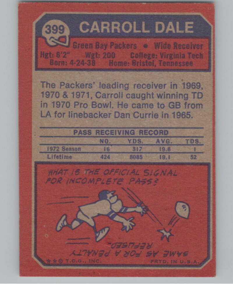 1973 Topps #399 Carroll Dale  Green Bay Packers  100995 Image 2