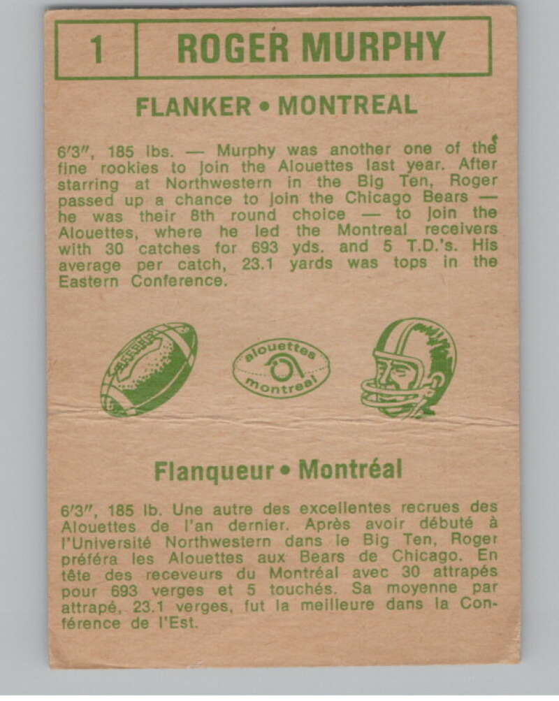 1968 O-Pee-Chee CFL #1 Roger Murphy  Montreal Alouettes  101028 Image 2