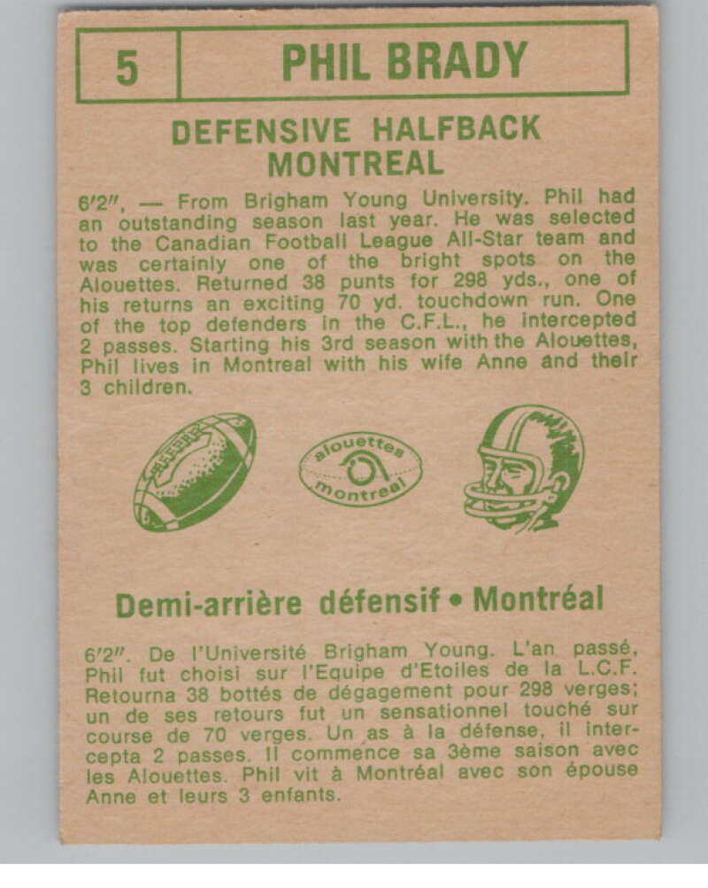 1968 O-Pee-Chee CFL #5 Phil Brady  Montreal Alouettes  101030 Image 2
