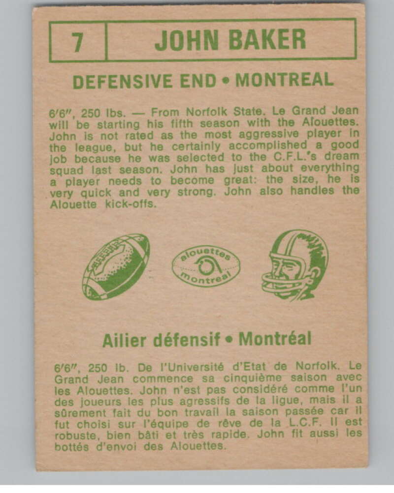 1968 O-Pee-Chee CFL #7 John Baker  Montreal Alouettes  101031 Image 2