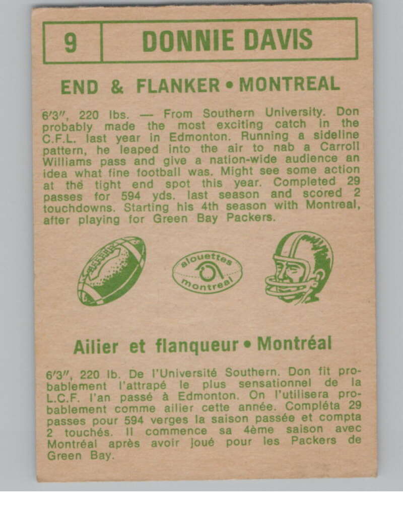 1968 O-Pee-Chee CFL #9 Donnie Davis  Montreal Alouettes  101032 Image 2