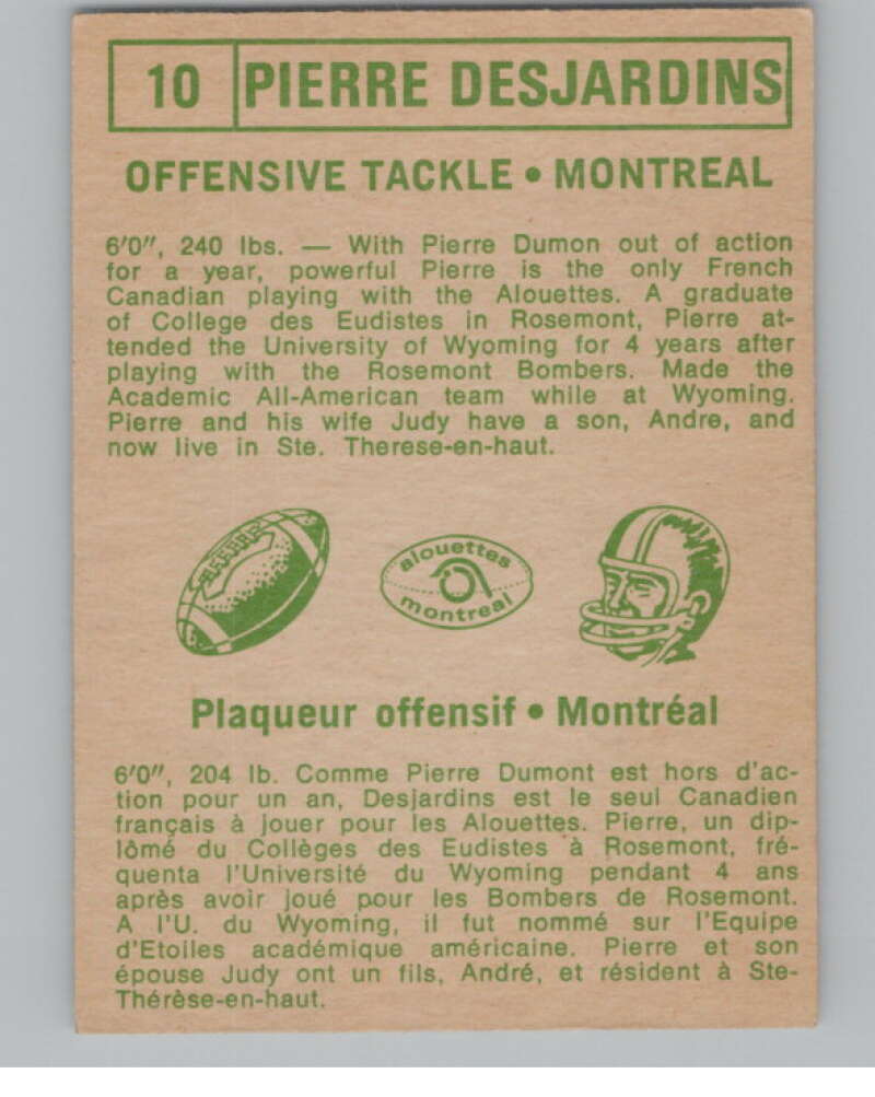 1968 O-Pee-Chee CFL #10 Pierre Desjardins Montreal Alouettes  101033 Image 2