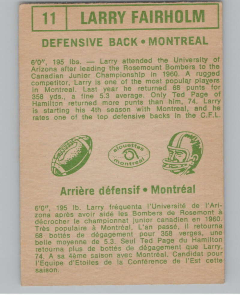 1968 O-Pee-Chee CFL #11 Larry Fairholm  Montreal Alouettes  101034 Image 2