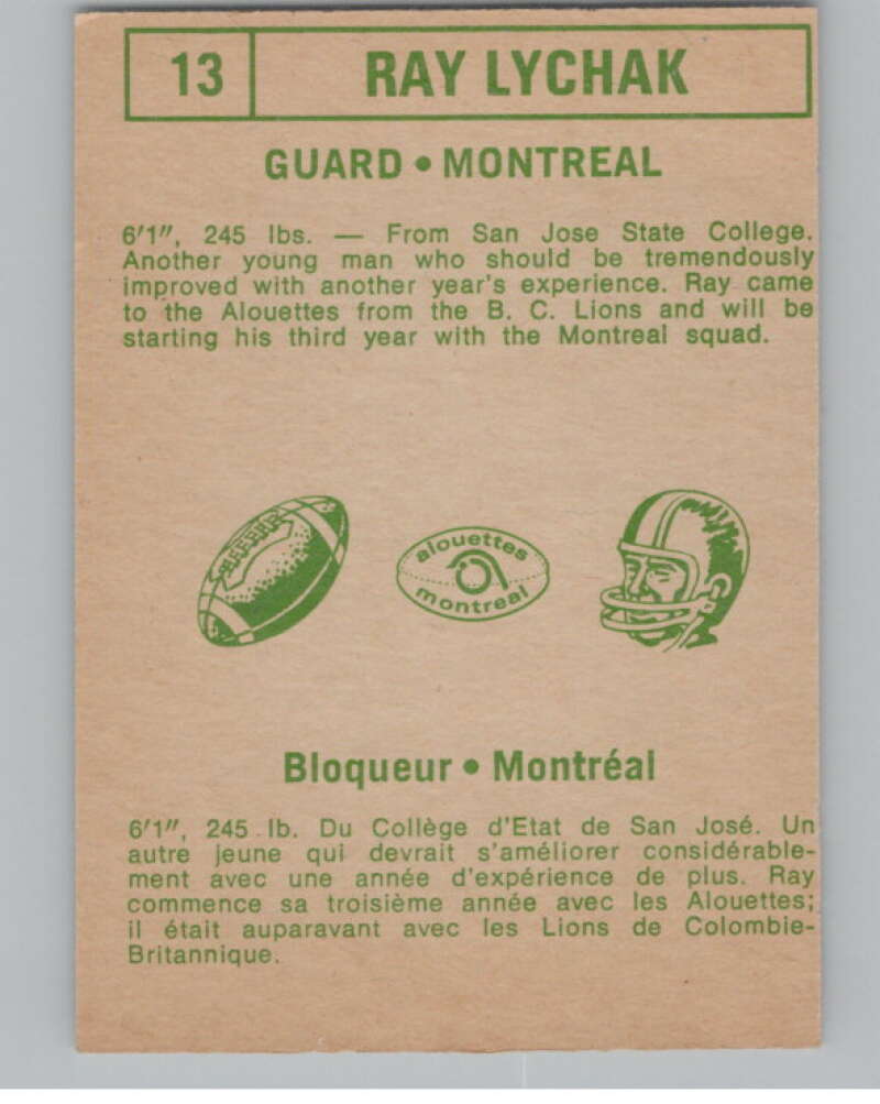 1968 O-Pee-Chee CFL #13 Ray Lychak  Montreal Alouettes  101035 Image 2