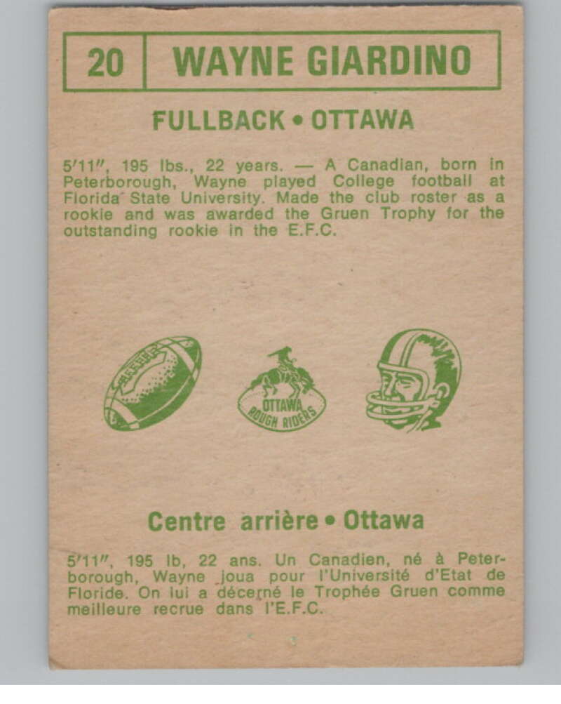 1968 O-Pee-Chee CFL #20 Wayne Giardino Ottawa Rough Riders  101038 Image 2