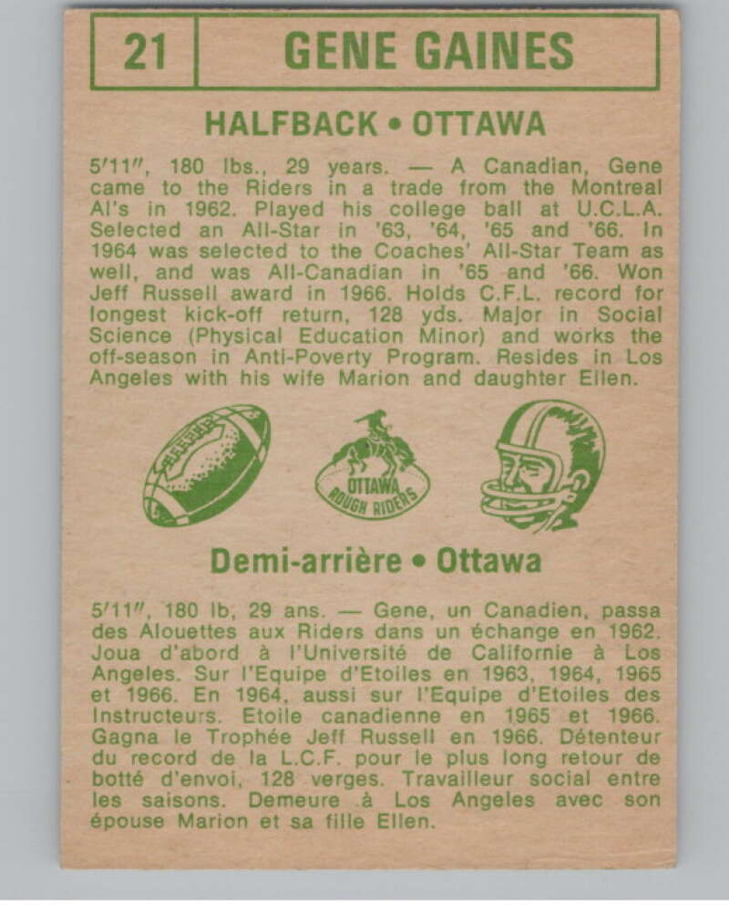 1968 O-Pee-Chee CFL #21 Gene Gaines  Ottawa Rough Riders  101039 Image 2