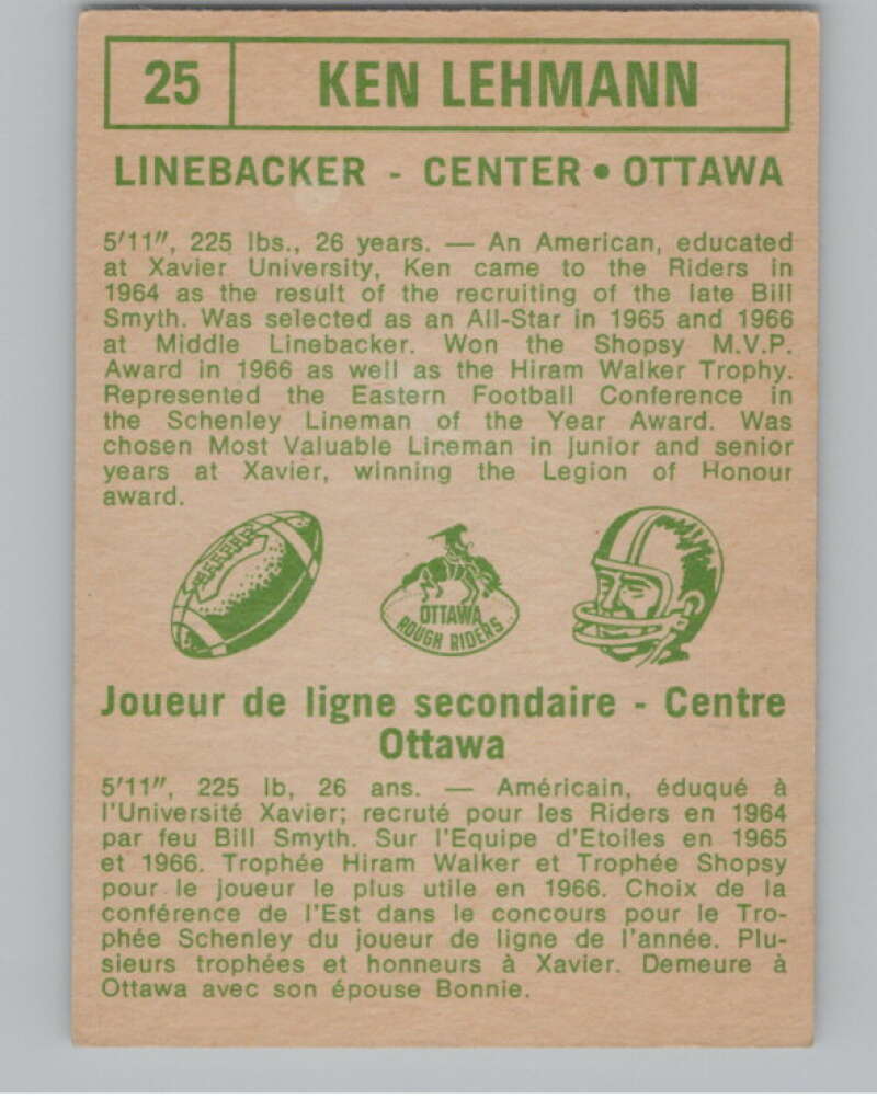 1968 O-Pee-Chee CFL #25 Ken Lehmann  Ottawa Rough Riders  101042 Image 2