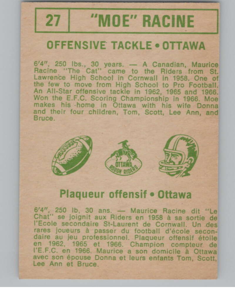 1968 O-Pee-Chee CFL #27 Moe Racine  Ottawa Rough Riders  101044 Image 2