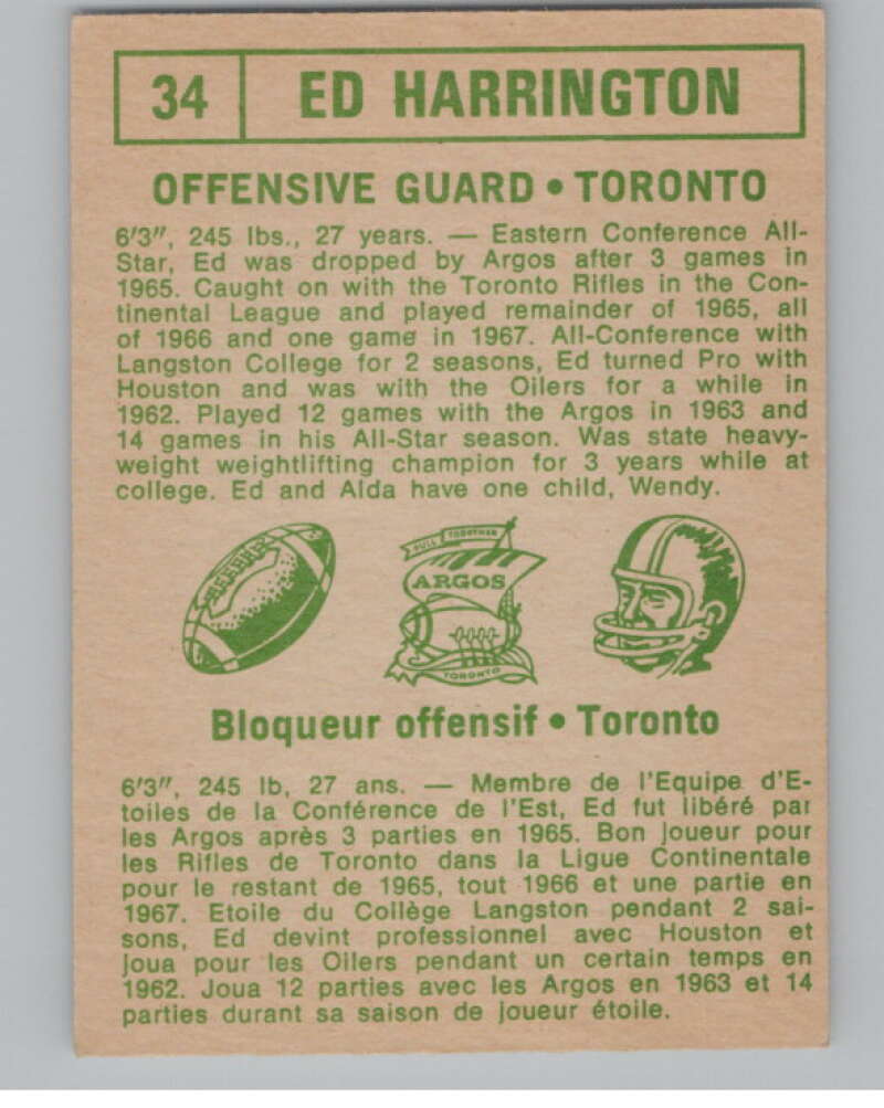 1968 O-Pee-Chee CFL #34 Ed Harrington  Toronto Argonauts  101048 Image 2