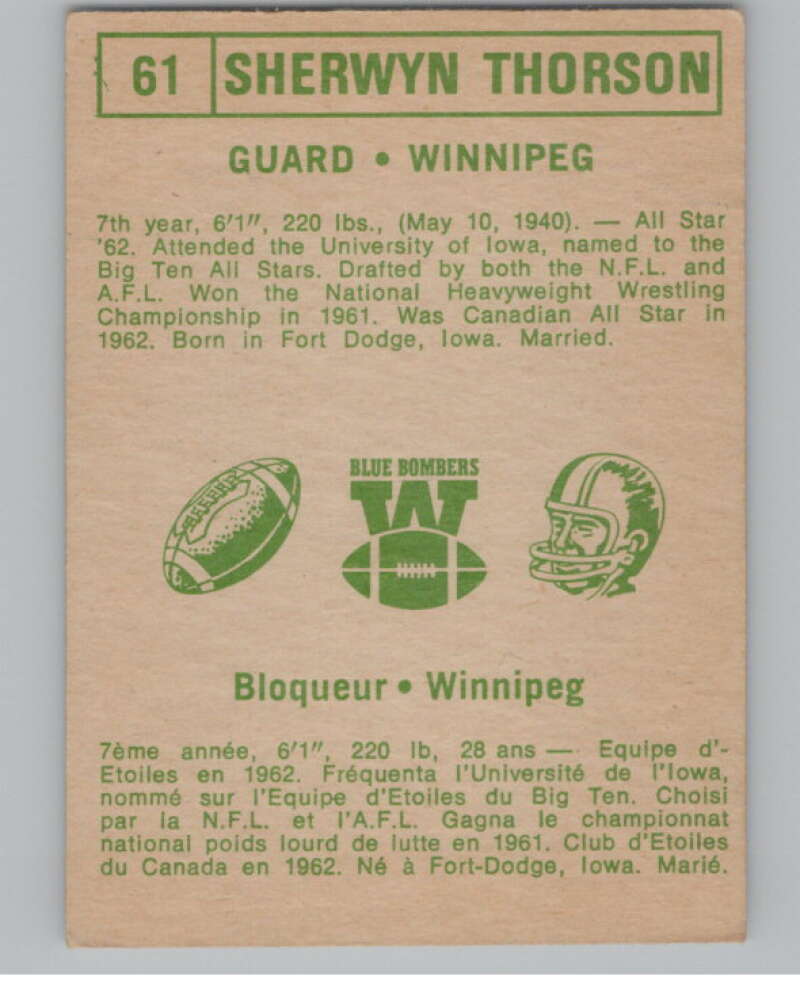 1968 O-Pee-Chee CFL #61 Sherwyn Thorson Blue Bombers  101056 Image 2