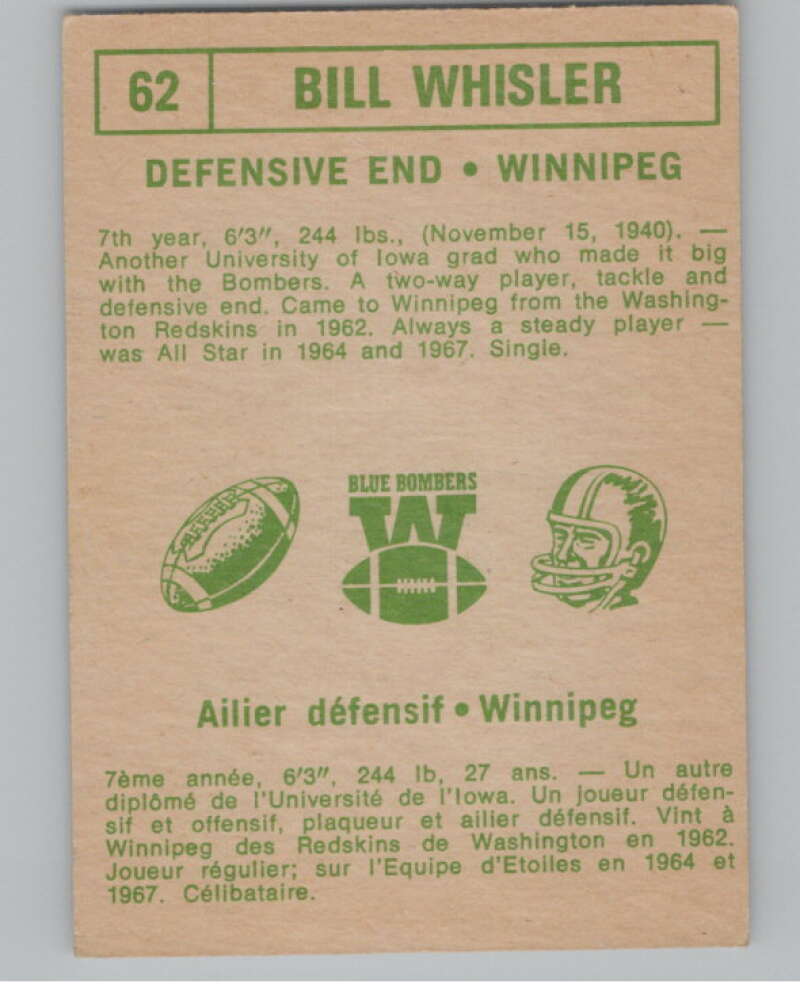 1968 O-Pee-Chee CFL #62 Bill Whisler  Winnipeg Blue Bombers  101057 Image 2