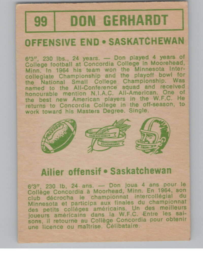 1968 O-Pee-Chee CFL #99 Don Gerhardt Saskatchewan Roughriders  101064 Image 2