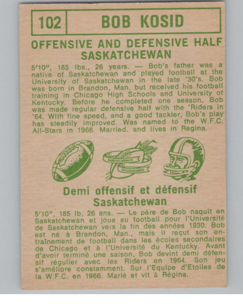 1968 O-Pee-Chee CFL #102 Bob Kosid  Saskatchewan Roughriders  101065 Image 2