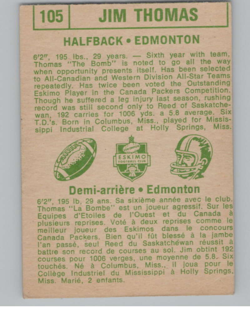 1968 O-Pee-Chee CFL #105 Jim Thomas  Edmonton Eskimos  101067 Image 2