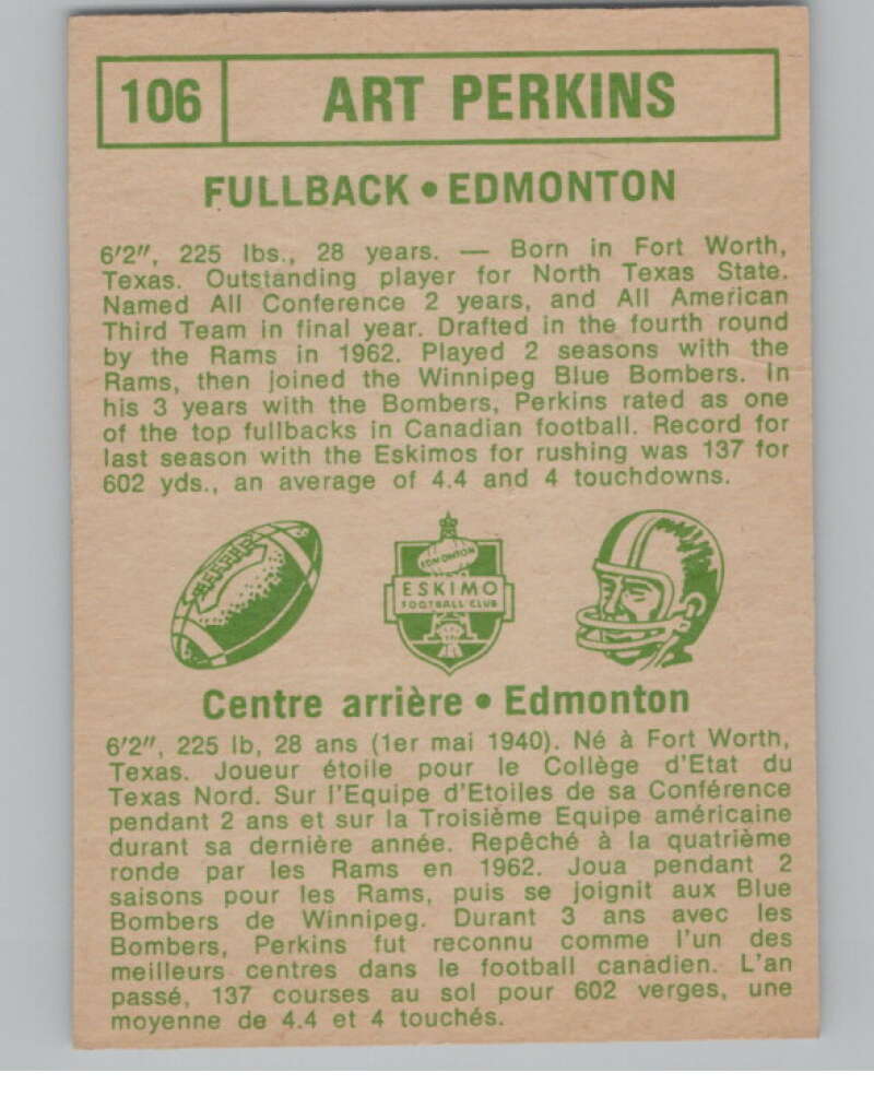 1968 O-Pee-Chee CFL #106 Art Perkins  Edmonton Eskimos  101068 Image 2