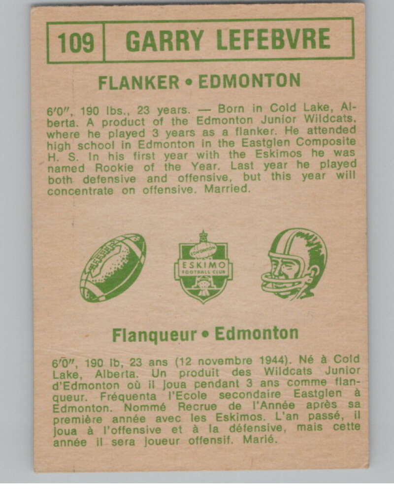 1968 O-Pee-Chee CFL #109 Garry Lefebvre  Edmonton Eskimos  101070 Image 2