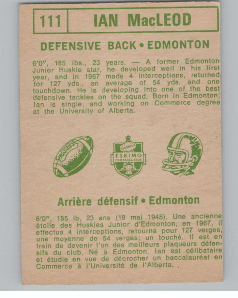1968 O-Pee-Chee CFL #111 Ian MacLeod  Edmonton Eskimos  101072 Image 2