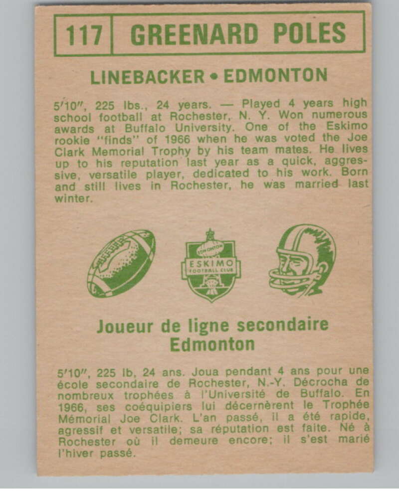 1968 O-Pee-Chee CFL #117 Greenard Poles  Edmonton Eskimos  101074 Image 2